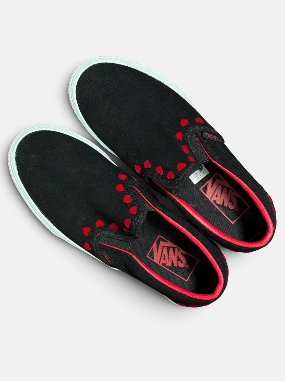 Women’s Vans Black Slip-On Loafers with Red Heart Trim